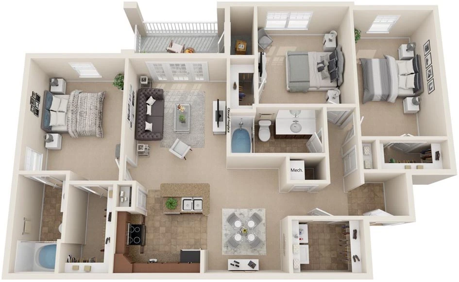 Three Bedroom Apartment in Charlottesville - The Hollymeade Floor Plan